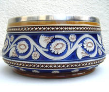 Antique Majolica Bowl Salad Art Nouveau Silver Plated Rim Blue Cream Brown