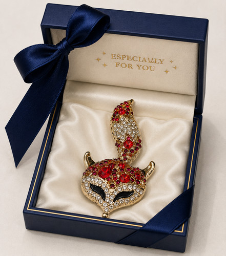Chic red fox diamante - red, brooch