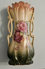 Antique Victorian/Edwardian Two Handled Flower Gilded Vase Green with Roses