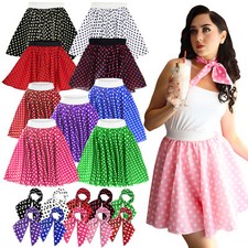 LADIES 50'S POLKA DOT ROCK N ROLL SHORT SKIRT WITH MATCHING SCARF FANCY DRESS
