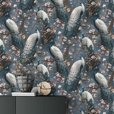 Exotic Peacock Birds Wallpaper 10414-08 Navy White Floral Trees Vinyl Erismann