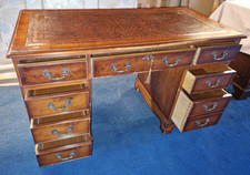 Captains Desk, Victorian Style, Twin Pedestal, Mahogany, 8 Drawers, Leather Top