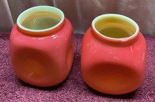Two Art Glass  Vaseline With Pink Casing Dimple Vases 4 1/2” Will Glow