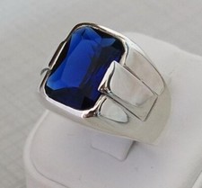 Solid 925 Sterling Silver Blue Sapphire Zircon Gemstone Signet Gift Men's Ring