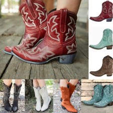Women's Pointed Toe Cowgirl Cowboy Boots Ladies Mid Wide Calf Western Shoes Size