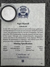 1992 Nigel Mansell Liberia $5 Five Dollar Silver Proof Coin .999 (P1S)