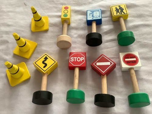 Wooden train track road signs - train,