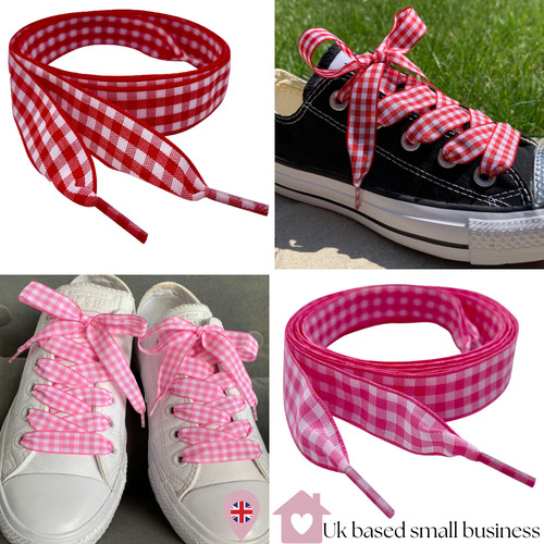 Pink red gingham shoelaces - &,