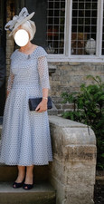 Condici Mother Of The Bride Dress & Matching Hat. Size 10 Pale Blue & Navy Spots
