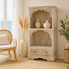 Whitewash Wooden Cabinet 120cm , Rustic Boho Shelving w/ Drawers