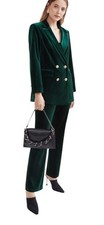 MOTF Womens Velvet Double Breasted Blazer & Flare Pants Set Green Size L New
