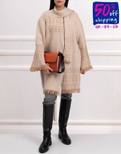 RRP €340 TWINSET Jacquard Knit Coat Size S Alpaca & Wool Blend Beige Scarf Neck