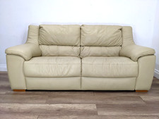 SOFA 3 Seater Cream Leather Sewn-In Cushions Wooden Feet FREE DELIVERY