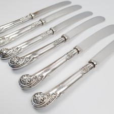 Antique Pistol Handle Floral Cutlery 6 x Dessert Dinner Knives Silver Plated