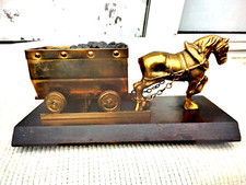 OLD VINTAGE BRASS SHIRE HORSE & MINE CART with COAL