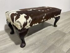 Antique Queen Anne Vintage Foot Stool Cow Hide Fur Fabric Upholstered