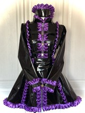 Misfitz black PVC & purple satin lockable Sissy Maids Dress.  SIZE 18. CD Goth