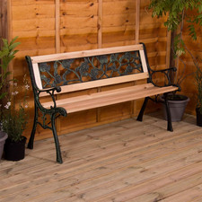 Durable 3-Seater Garden Bench Rose Design Wood Cast Iron Outdoor Furniture