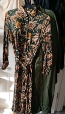 H&M Women’s Green Gold Antique Floral Print Midi Button Shirt Dress UK12 127