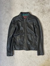 Superdry Mens Collared Black Leather Bomber Jacket Size Large Full Zip