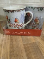 Christmas Robins Fine China Mug&Coaster Set Leonardo Collection Boxed New