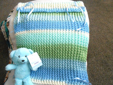 Hand knitted Blue multi Chunky Baby Boy Blanket..bnwt Teddy Bear. New