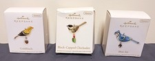 3 Miniature Hallmark Bird Ornaments Goldfinch Chickadee Blue Jay