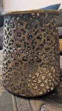 Large Gold Tone Reticulated Ornate Hurricane Lantern Wide Lip Moroccan Style