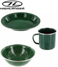  Highlander Deluxe Enamel Bowl Mug Plate Set GREEN hard wearing steel camping
