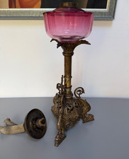 large antique gilded spelter oil lamp dolphin feet facet cut cranberry font