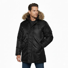 Army Military Style N3B Parka Insulated Padded Brown Fur Top Hooded Jacket Black