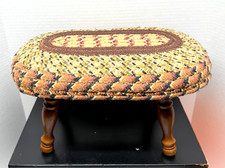 Vintage Oval Braided Corded Rug Footstool Seat Wooden Country Farmhouse Decor