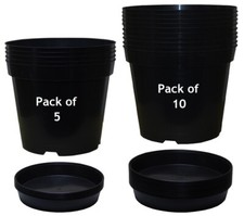 Black Plastic Plant Pots + Saucers Small Flower Planter 3 4 5 7.5 10 12 15 Litre