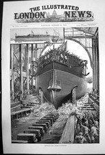 Original Old Antique Print Launch Hms Rodney At Chatham 1884 19th