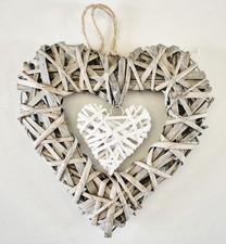 Rustic Wicker Heart Hanging Decoration | Grey & White | Christmas Gift Decor