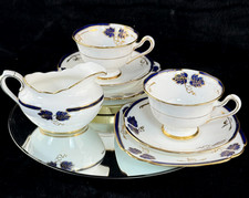 Rare Royal Albert Crown China Blue Gold Leaf Tea Set Trio x2 & Jug England 1930s