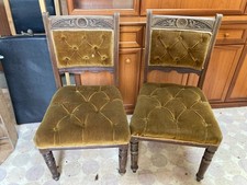 Vintage Antique Brown Wooden Bedroom Accent Chair x 2 Velvet Button Chesterfield