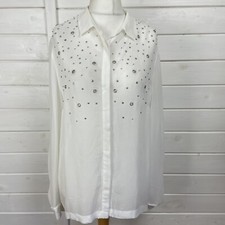 PHASE EIGHT Top Size UK 14 White Studded Blouse Long Sleeve Relaxed Fit Chiffon