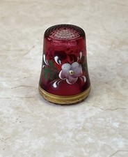 Vintage Cranberry Glass Bohemian Floral Painted Collectible Thimble