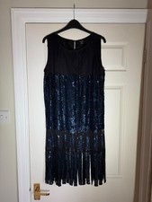 KATE MOSS TOPSHOP BLACK BLUE SEQUIN STRAND FLAPPER DRESS ROARING 20s UK 12 40 8