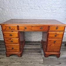 Ducal Brown Leather Topped Pine Pedestal Writing Captains Desk 122L, 77H, 62W cm