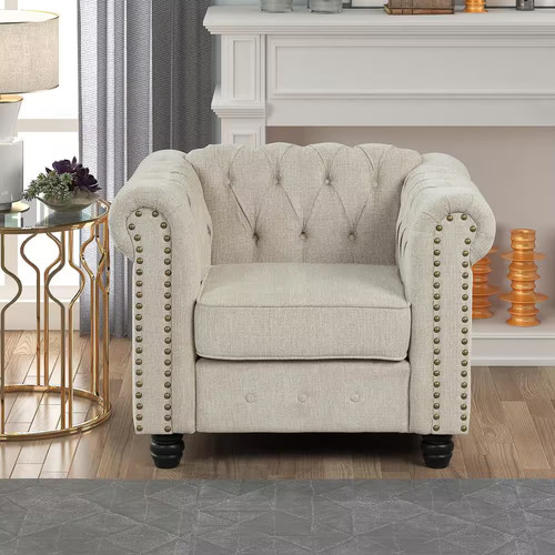 Beige linen chesterfield chair - beige,