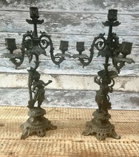 PAIR OF 1930s FRENCH SPELTER  CANDELABRAS TALL 50cm ANTIQUE FIGURINES