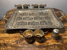 Persian Isfahan Footed Handled Tray Silver Plated Brass & Six Glass Holders
