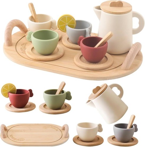 Natural wood pretend play tea - wood,