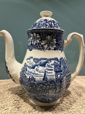 Vintage Coffee pot Coaching Taverns blue & white transfer ware Royal Tudor