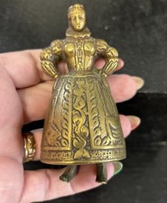 Unusual Antique Brass Bell Lady In Tudor Dress With Leg Clappers 3.5” High
