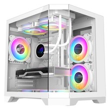White Gaming PC Case Micro ATX Tempered Glass Cube Chassis mATX LED Fan Hub UK