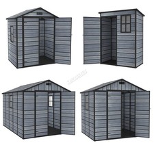 BIRCHTREE Plastic Garden Shed Wood Grain Outdoor Tool Storage Box Windows Grey