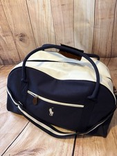 Polo Ralph Lauren Navy Blue Canvas Duffle  Gym Bag Holdall Faux Leather Trim